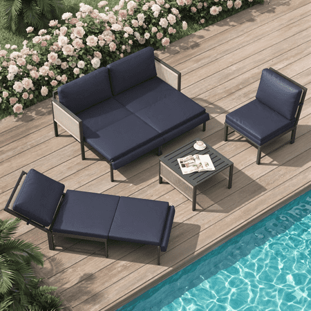 YODOLLA 4-Piece Patio Furniture Sets with Retractable Chairs & Coffee Table , 4 PcsModular Patio Furniture with Coffee Table & Cushions, Metal Frame,Navy