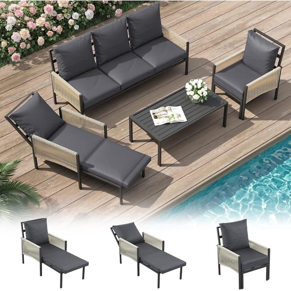 YODOLLA 4-Piece Patio Furniture Sets with 2 Convertible Lounge Chairs, Modular Outdoor Furniture 5 Seater Outdoor Conversation Set with Foldable Recliners in Dark Gray