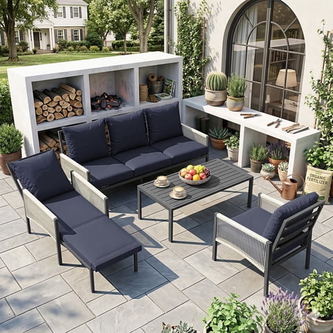 YODOLLA 4-Piece Patio Furniture Sets with 2 Retractable Chairs & Coffee Table, 5 Seat Modular Patio Furniture with Cushions,Aluminum Frame, Navy