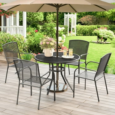 YODOLLA 5-Piece Patio Metal Dining Set, Iron Outdoor Dining Set with Round Table and 4 Stackable Arm Chairs in Dark Gray for Garden