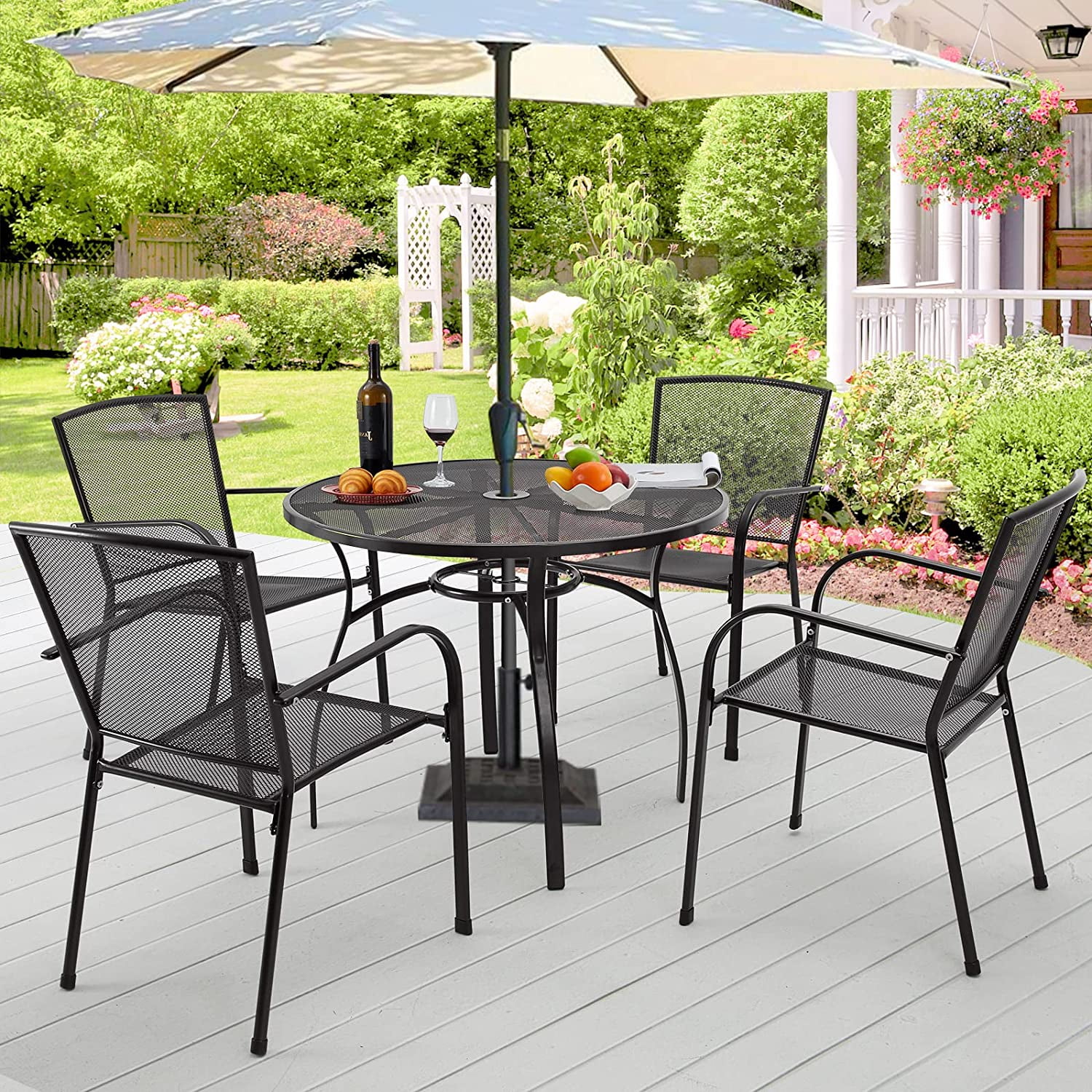 YODOLLA 5-Piece Patio Metal Dining Set, Iron Outdoor Dining Set with Round Table and 4 Stackable Arm Chairs in Dark Gray for Garden