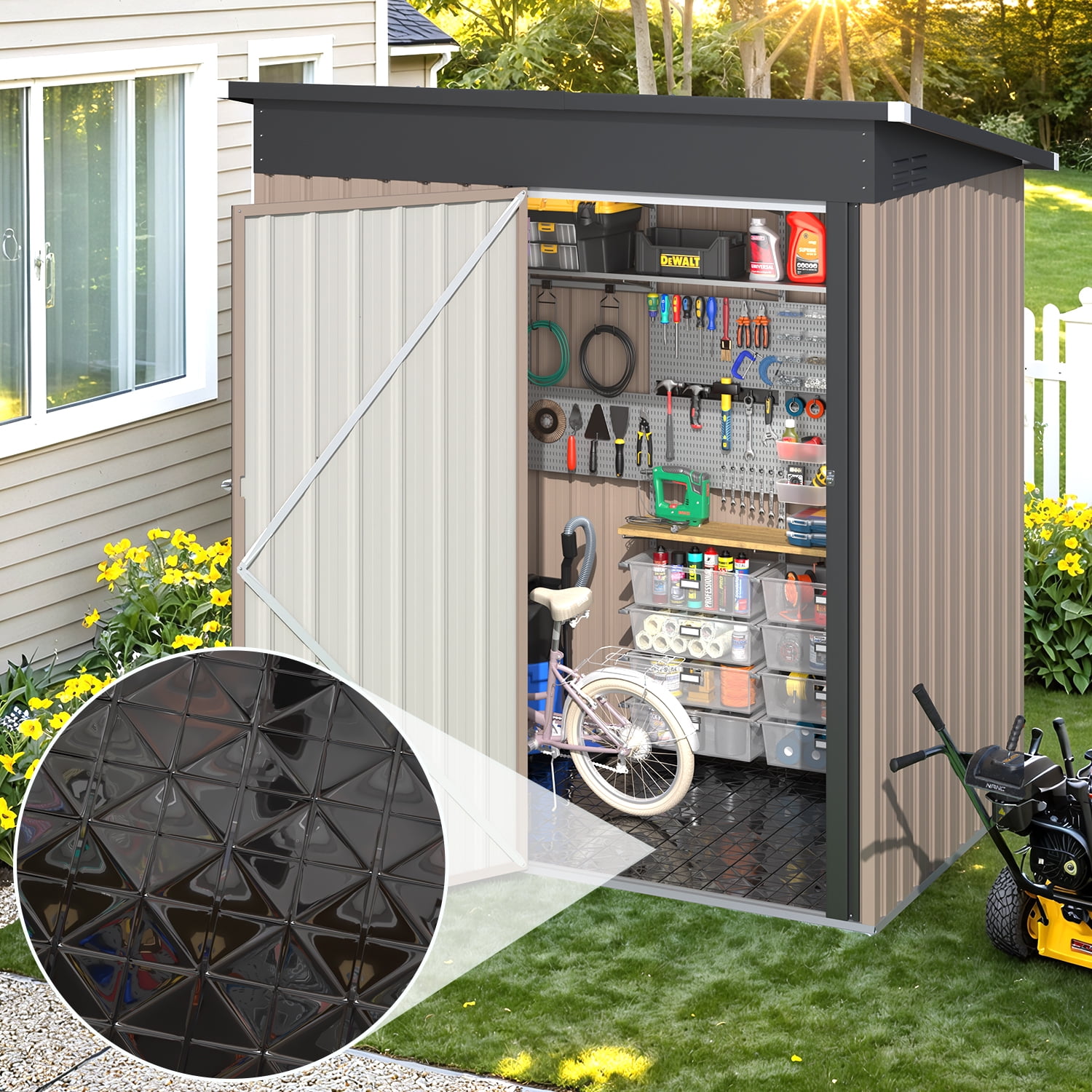 YODOLLA 5 x 3 ft. Outdoor Metal Steel Storage Shed with Floor Base& Lockable Door for Backyard, Garden