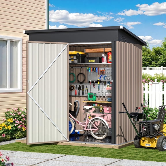 YODOLLA 5 x 3 ft. Outdoor Metal Steel Storage Shed with Floor Base&  Lockable Door for Backyard, Garden