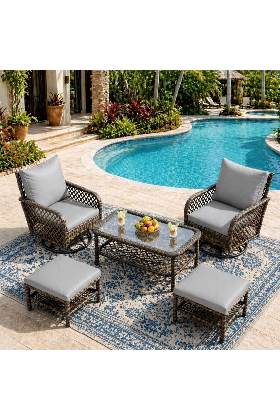 5PCS Dark Grey Wicker Patio Set, 2 Swivel Gliders + 2 Ottomans + Central Table, Outdoor Conversation Set