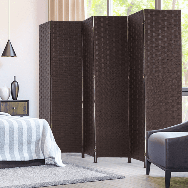 Maxhonor 6 Panels Room Divider, 6 FT Tall Weave Fiber Room Divider Double Hinged Folding Privacy Screens Freestanding Room Dividers Black