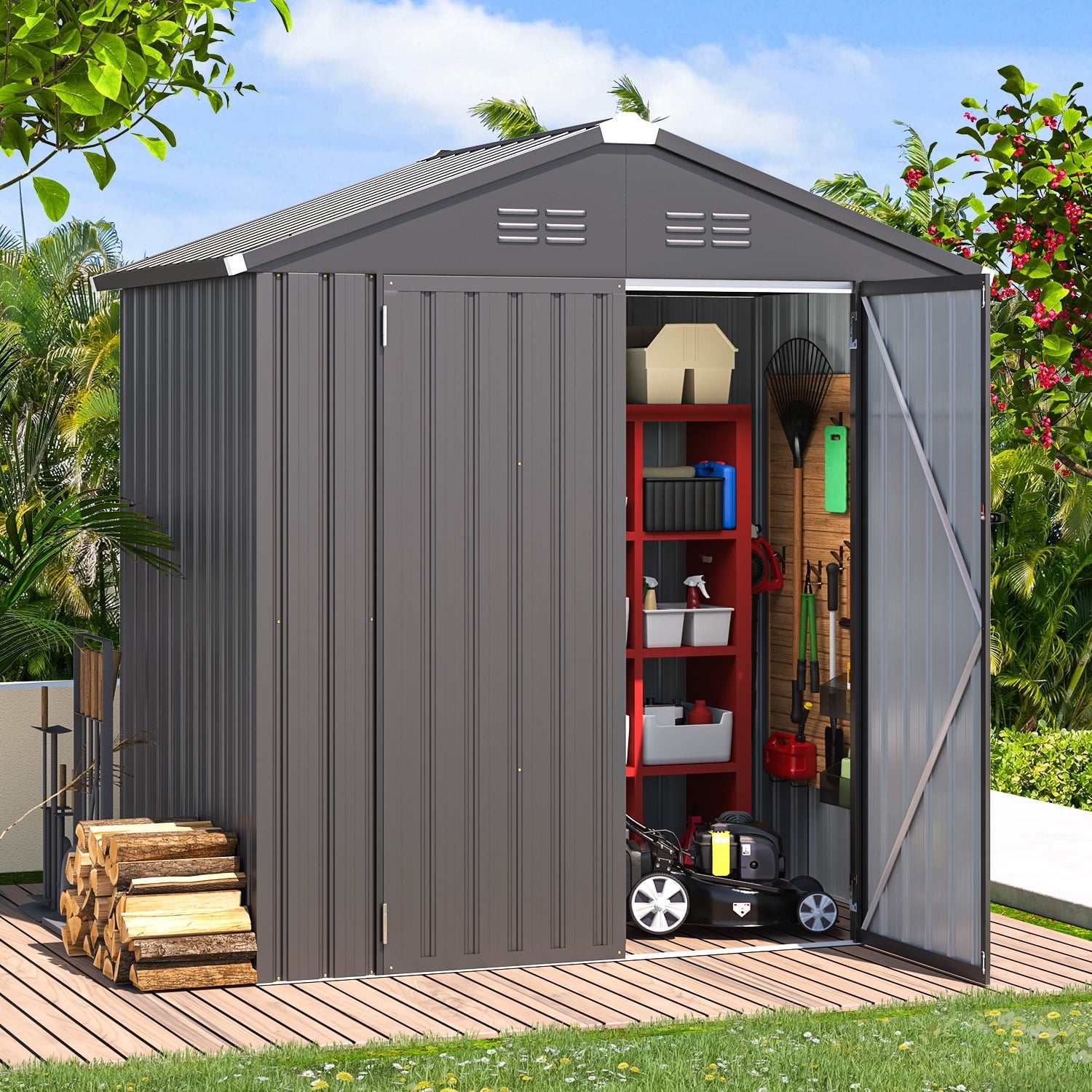 YODOLLA 6 x 4 ft. Outdoor Metal Storage Shed with Sliding Roof & Lockable Door for Backyard, Garden in Dark Gray