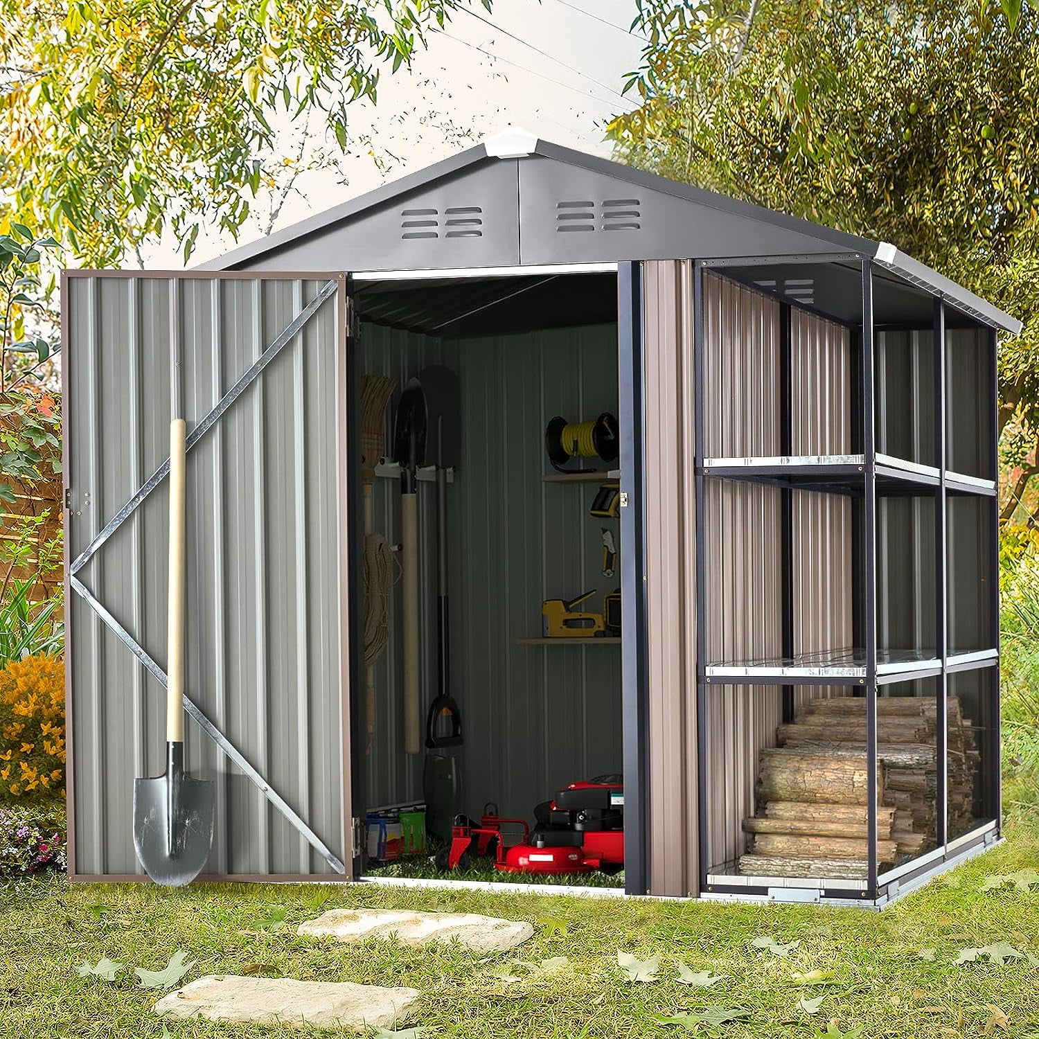 yo　6/6 YODOLLA Galvanized 6'x6' Outdoor Storage Shed with 3-Tier Rack
