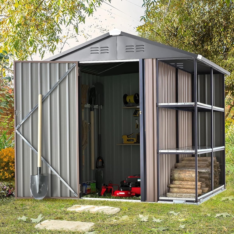 yo　6/6 YODOLLA Galvanized 6'x6' Outdoor Storage Shed with 3-Tier Rack