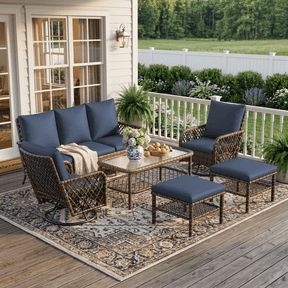 YODOLLA 6 Pcs Outdoor Furniture Set Clearance, 7-Seat Wicker Patio Funiture Sectional Sofa with High Back Swivel Rocker Chairs for Lawn, Deck, Backyard in Dark Blue