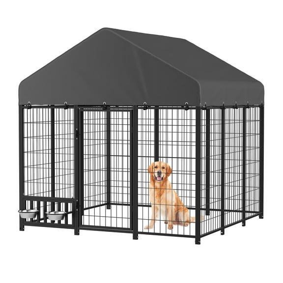 YODOLLA 6x6FT Outdoor Large Dog Kennel with Waterproof Cover, Heavy-Duty Steel Pet Enclosure with Secure Lock & Feeding Bowl, Spacious Dog Run for Backyard