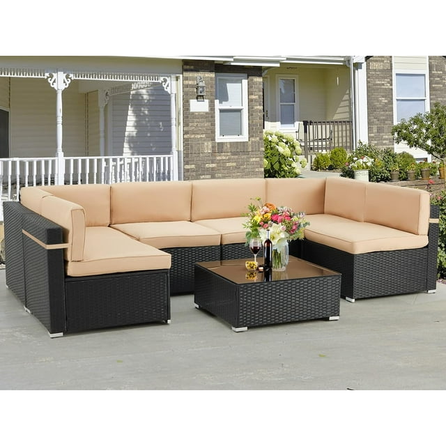 YODOLLA 7Piece Outdoor Furniture Set, Black Rattan Wicker Sectional