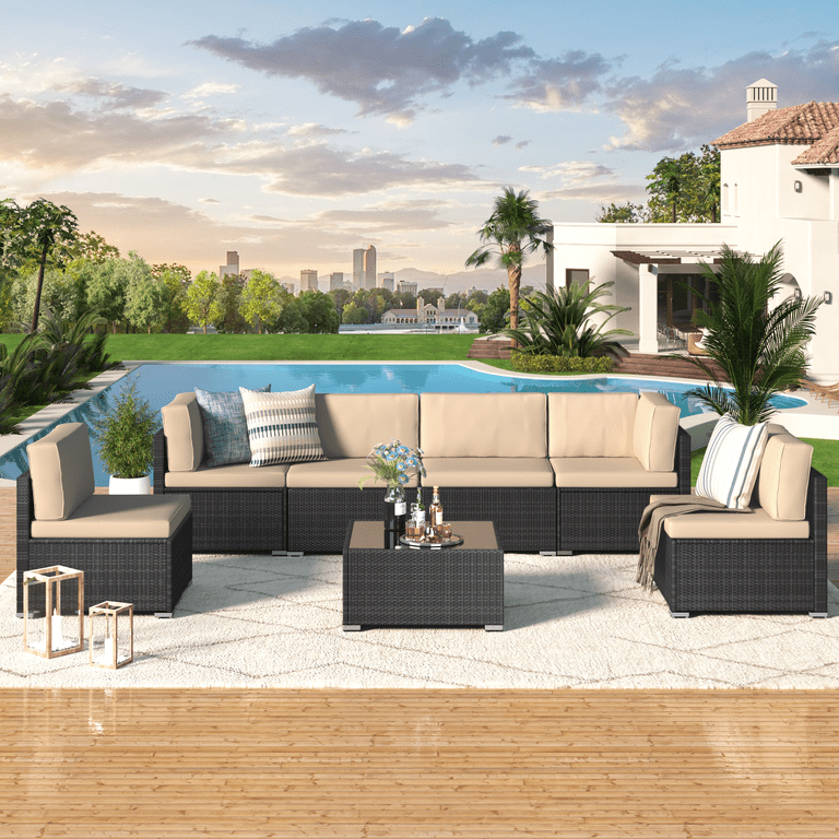 YODOLLA 7 Piece Patio Furniture Set on Sale Black Rattan Wicker Outdoor Sectional Sofa Couch with Table Patio Conversation Set for Lawn Backyard In