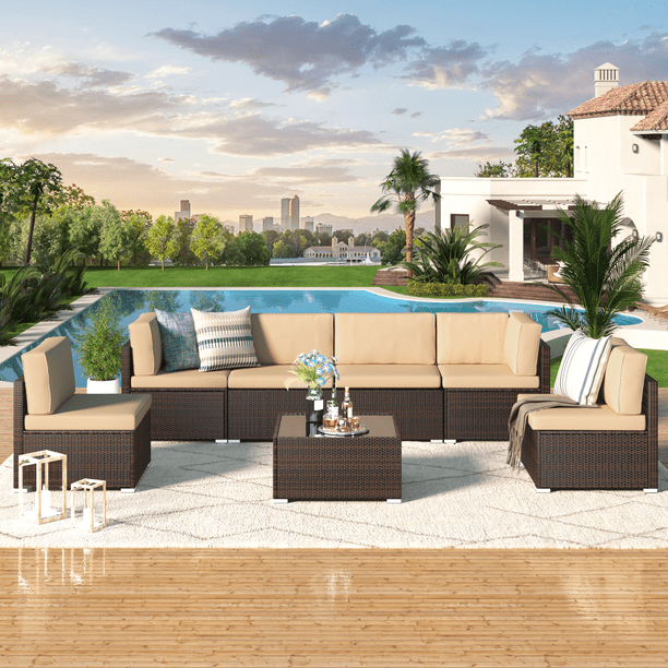 YODOLLA 7 Piece Patio Furniture Set on Sale Rattan Wicker Outdoor Sectional Sofa Couch with Table Patio Conversation Set for Lawn Backyard In Beige