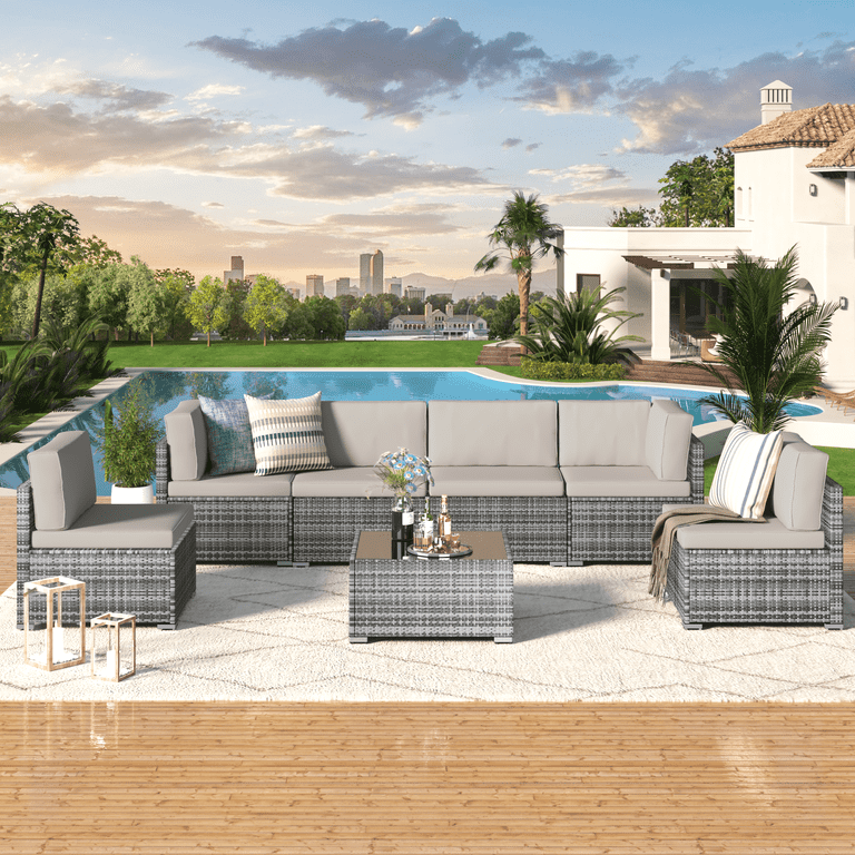 YODOLLA 7 Piece Rattan Wicker Outdoor Sectional Sofa Couch with Table Patio Set for Lawn Backyard Gray Walmart