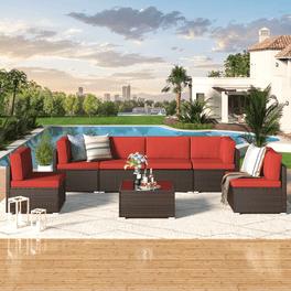 4 Pieces Outdoor Wicker Conversation Set All Weather Rattan Patio Furniture Sets with Arm Chairs Steel Tabletop and Cushions Sectional Sofa Set for