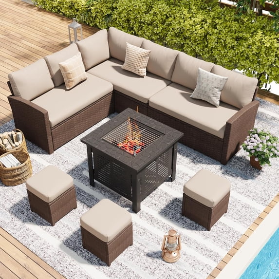 YODOLLA 7-Piece Patio Funiture Set with 30" Fire Pit Table, Outdoor Furniture Sectional Sofa, PE Rattan Wicker Patio Conversation Set in Beige