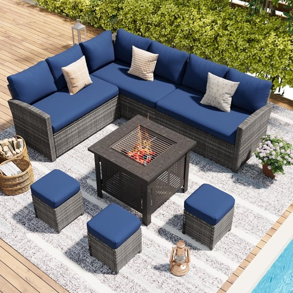 YODOLLA 7-Piece Patio Funiture Set with 30" Fire Pit Table, Outdoor Furniture Sectional Sofa, PE Rattan Wicker Patio Conversation Set in Navy Blue