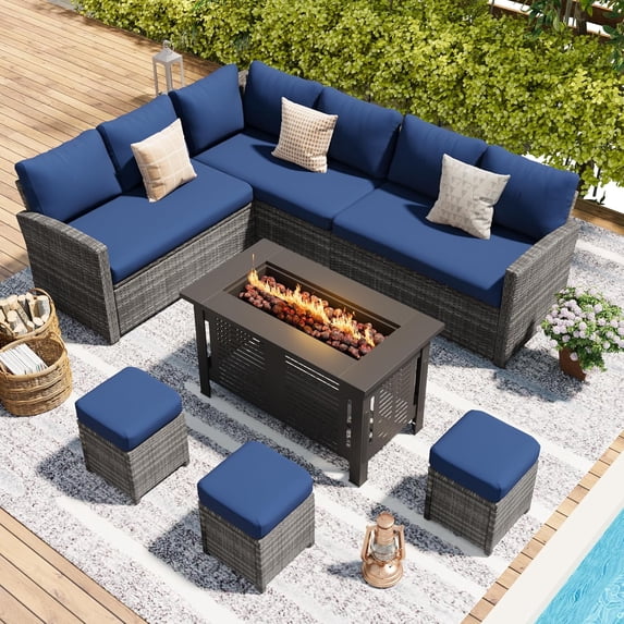 YODOLLA 7-Piece Patio Conversation Set with 43" Fire Pit Table, Outdoor Sectional Sofa, PE Rattan Wicker Furniture, Steel Frame, Blue