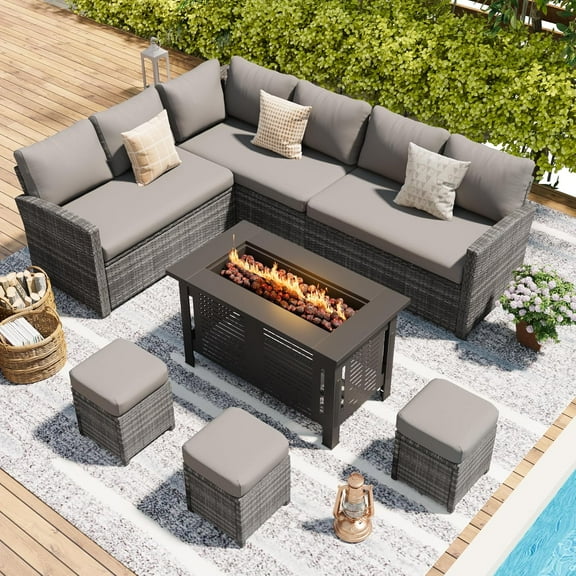 YODOLLA 7-Piece Patio Conversation Set with 43" Fire Pit Table, Outdoor Sectional Sofa, PE Rattan Wicker Furniture, Steel Frame, Gray