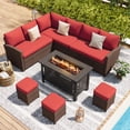 thumbnail image 1 of YODOLLA 7-Piece Patio Conversation Set with 43" Fire Pit Table, Outdoor Sectional Sofa, PE Rattan Wicker Furniture, Steel Frame, Red, 1 of 9