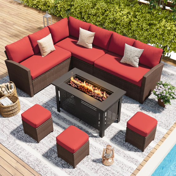 YODOLLA 7-Piece Patio Conversation Set with 43" Fire Pit Table, Outdoor Sectional Sofa, PE Rattan Wicker Furniture, Steel Frame, Red