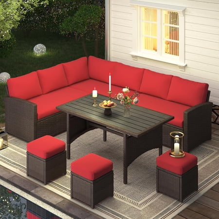 YODOLLA 7-Piece Patio Conversation Set with Dining Table, Brown Rattan Sofa and Red Cushions