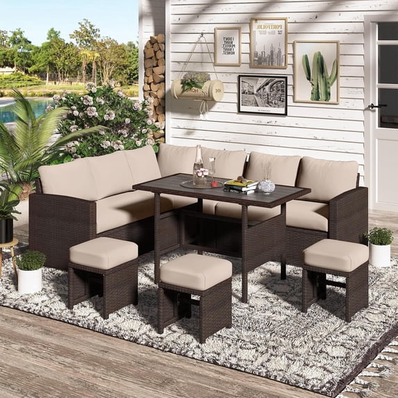 YODOLLA 7-Piece Patio Funiture Set on Sale, Outdoor Sectional Sofa Couch with Dining Table, Patio Conversation Set in Brown Wicker& Beige Cushions