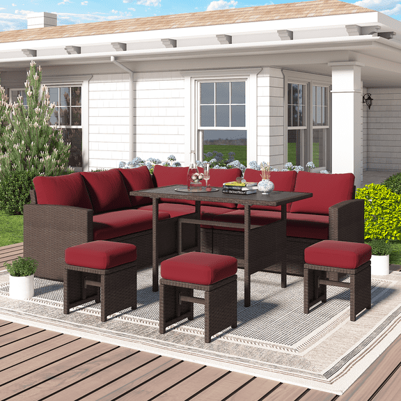 YODOLLA 7-Piece Patio Funiture Set on Sale, Outdoor Sectional Sofa Couch with Dining Table, Patio Conversation Set in Brown Wicker& Wine Red Cushions