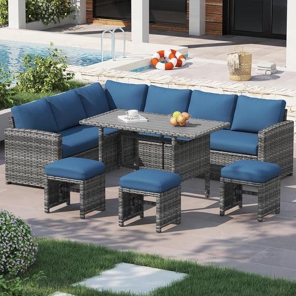 YODOLLA 7-Piece Patio Funiture Set on Sale, Outdoor Sectional Sofa Couch with Dining Table, Patio Conversation Set in Gray Rattn& Navy Cushions