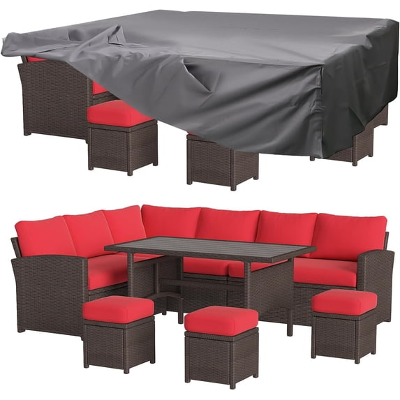 YODOLLA 7-Piece Patio Funiture Set w/ Dining Table, Outdoor Sectional Sofa Couch with Weatherproof Protection Cover, Patio Conversation Set in Brown Rattan& Red Cushions