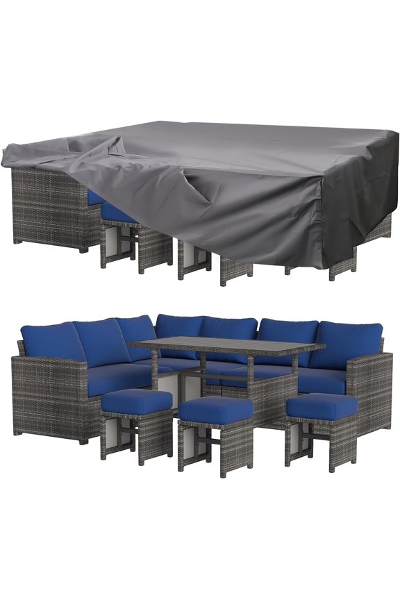 7-Piece Patio Funiture Set w/ Dining Table, Outdoor Sectional Sofa Couch with Weatherproof Protection Cover, Patio Conversation Set in Gray Rattan& Navy Cushions