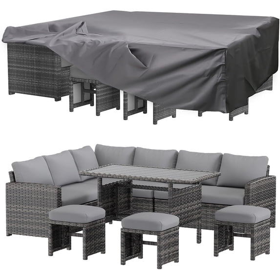 YODOLLA 7-Piece Patio Funiture Set w/ Weatherproof Protection Cover, Outdoor Sectional Sofa Couch with Dining Table, Patio Conversation Set in Gray Rattan& Gray Cushions