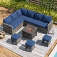 thumbnail image 1 of YODOLLA 7-Piece Patio Funiture Set with 30" Fire Pit Table, Outdoor Furniture Sectional Sofa, PE Rattan Wicker Patio Conversation Set in Navy Blue, 1 of 9