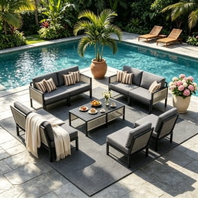 YODOLLA 7-Piece Patio Furniture Set with 2 Retractable 2-Seater Sofa Beds & 4 Convertible Lounge Chairs, 8-Seat Outdoor Conversation Set with 2 Coffee Table in Dark Gray