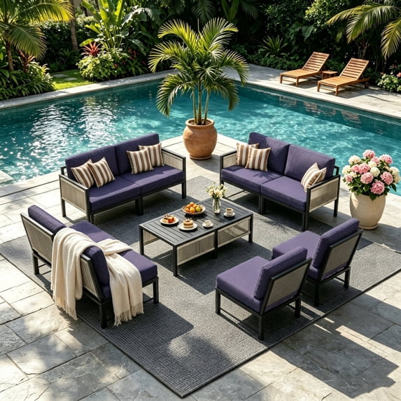 YODOLLA 7-Piece Patio Furniture Set with 2 Retractable 2-Seater Sofa Beds & 4 Convertible Lounge Chairs, 8-Seat Outdoor Conversation Set with 2 Coffee Tables, Navy