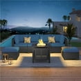 thumbnail image 1 of YODOLLA 7-Piece Patio Furniture Set with 30" Fire Pit Table, Rattan Wicker Outdoor Sectional Sofa Couch with Table Patio Conversation Set for Lawn& Backyard In Black& Navy, 1 of 7