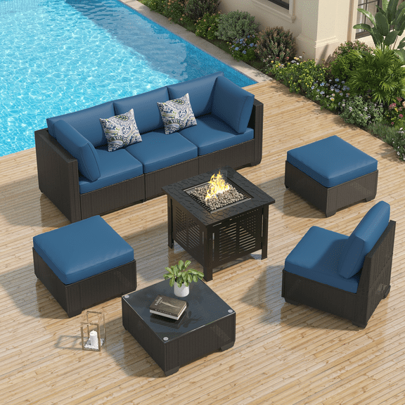 YODOLLA 7-Piece Patio Furniture Set with 30" Fire Pit Table, Rattan Wicker Outdoor Sectional Sofa Couch with Table Patio Conversation Set for Lawn& Backyard In Black& Navy