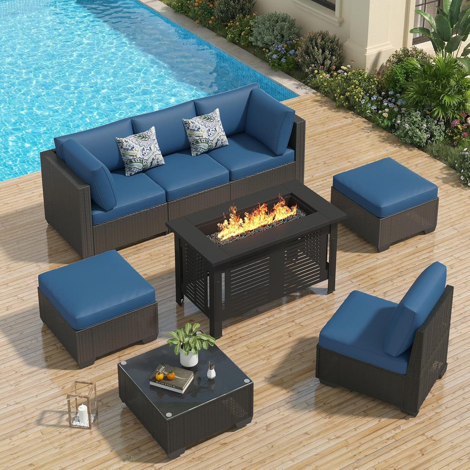 YODOLLA 7-Piece Patio Furniture Set with 43" Fire Pit Table, Rattan Wicker Outdoor Sectional Sofa Couch with Table Patio Conversation Set for Lawn& Backyard In Black& Navy