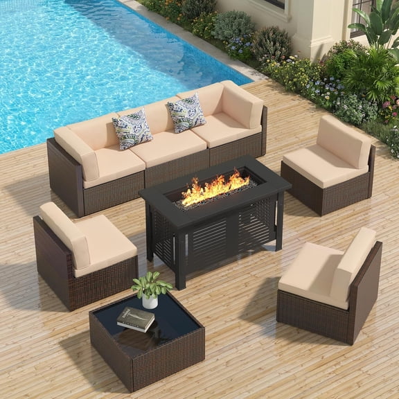 YODOLLA 7-Piece Patio Furniture Set with 43" Fire Pit Table, Rattan Wicker Outdoor Sectional Sofa Couch with Table Patio Conversation Set for Lawn& Backyard In Brown&Beige