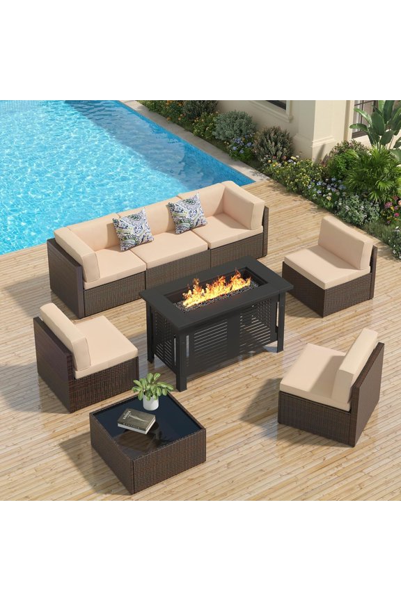 7-Piece Patio Furniture Set with 43" Fire Pit Table, Rattan Wicker Outdoor Sectional Sofa Couch with Table Patio Conversation Set for Lawn& Backyard In Brown&Beige