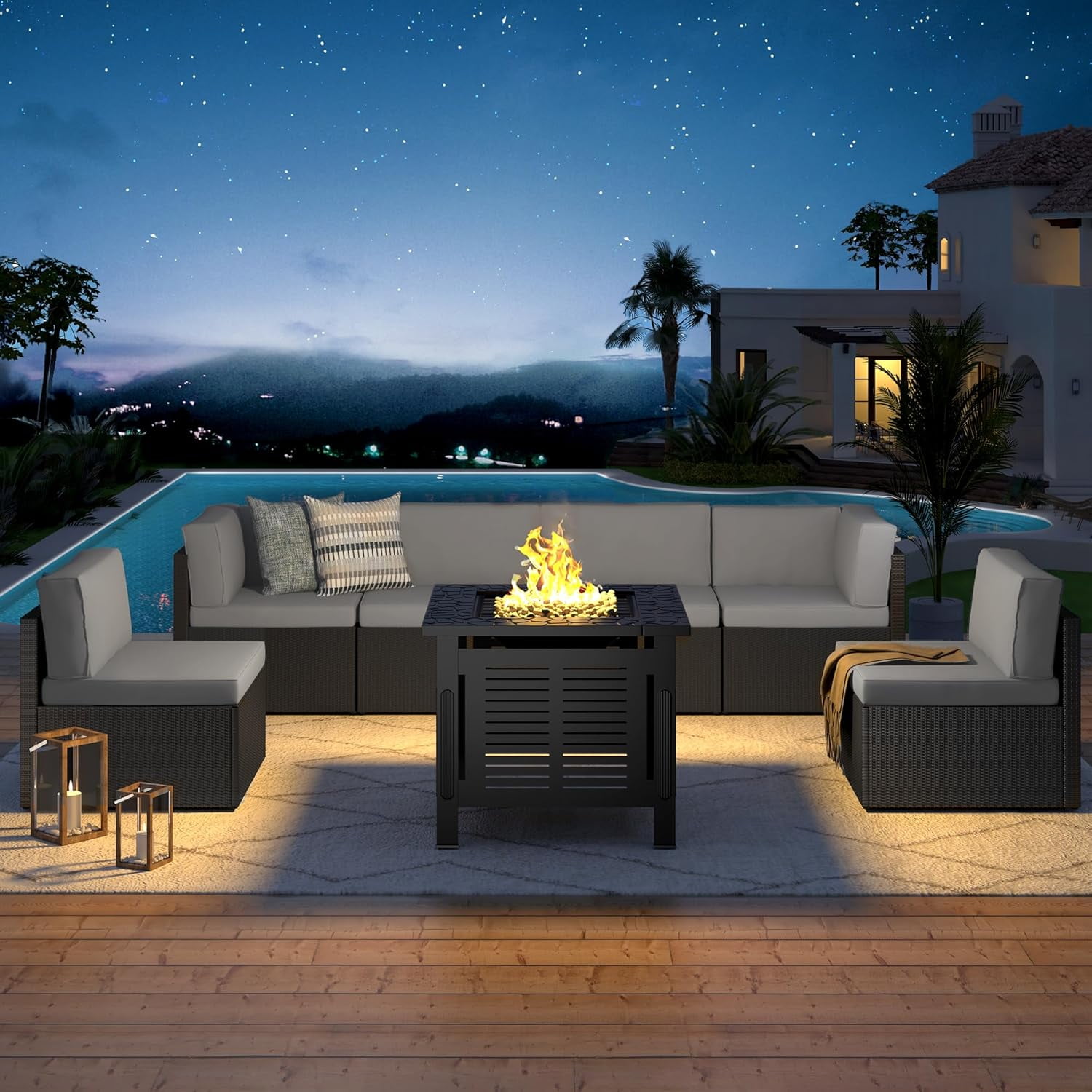 YODOLLA 7-Piece Patio Furniture Set with 30" Fire Pit Table, Rattan Wicker Outdoor Sectional Sofa Couch with Table Patio Conversation Set for Lawn& Backyard In Gray