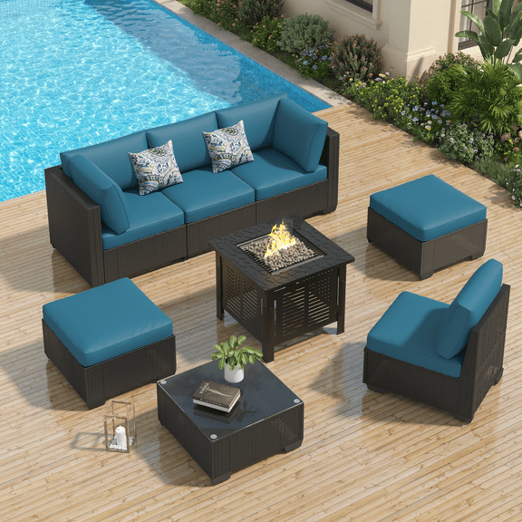 YODOLLA 7-Piece Patio Furniture Set with 30" Fire Pit Table, Rattan Wicker Outdoor Sectional Sofa Couch with Table Patio Conversation Set for Lawn& Backyard In Peacock Blue& Black