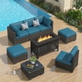 thumbnail image 1 of YODOLLA 7-Piece Patio Furniture Set with 43" Fire Pit Table, Rattan Wicker Outdoor Sectional Sofa Couch with Table Patio Conversation Set for Lawn& Backyard In Peacock Blue& Black, 1 of 7