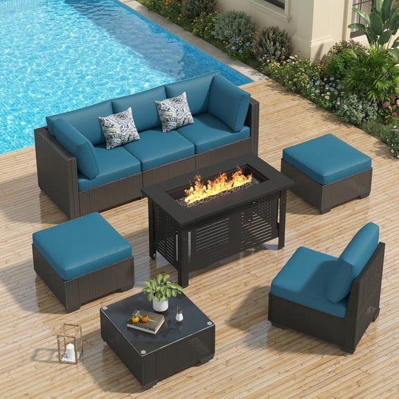 YODOLLA 7-Piece Patio Furniture Set with 43" Fire Pit Table, Rattan Wicker Outdoor Sectional Sofa Couch with Table Patio Conversation Set for Lawn& Backyard In Peacock Blue& Black