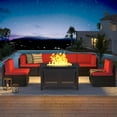 thumbnail image 1 of YODOLLA 7-Piece Patio Furniture Set with 43" Fire Pit Table, Rattan Wicker Outdoor Sectional Sofa Couch with Table Patio Conversation Set for Lawn& Backyard In Red, 1 of 8