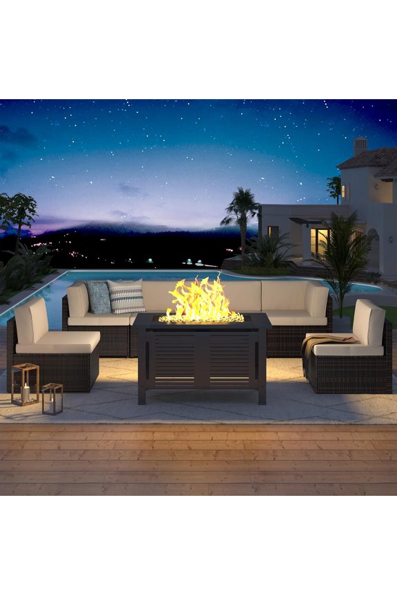 7-Piece Patio Furniture Set with 43" Fire Pit Table, Rattan Wicker Outdoor Sectional Sofa Couch with Table Patio Conversation Set for Lawn& Backyard In Beige