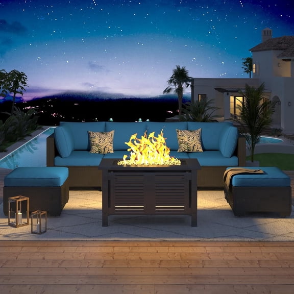 YODOLLA 7-Piece Patio Furniture Set with 43" Fire Pit Table, Rattan Wicker Outdoor Sectional Sofa Couch with Table Patio Conversation Set for Lawn& Backyard In Black& Blue