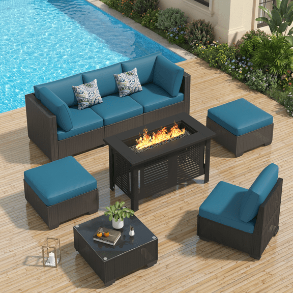 YODOLLA 7-Piece Patio Furniture Set with 43" Fire Pit Table, Rattan Wicker Outdoor Sectional Sofa Couch with Table Patio Conversation Set for Lawn& Backyard In Black& Blue