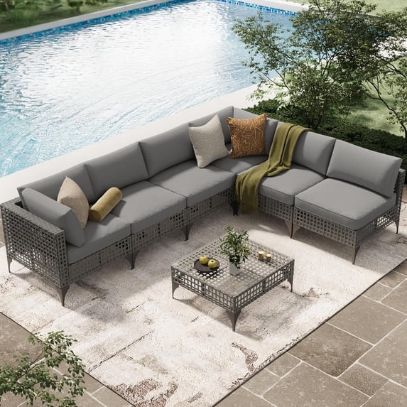 YODOLLA 7-Piece Patio Furniture Set with Coffee Table, Rattan Wicker Outdoor Sectional Sofa Couch Conversation Set in Grey Rattan& Light Grey Cushions