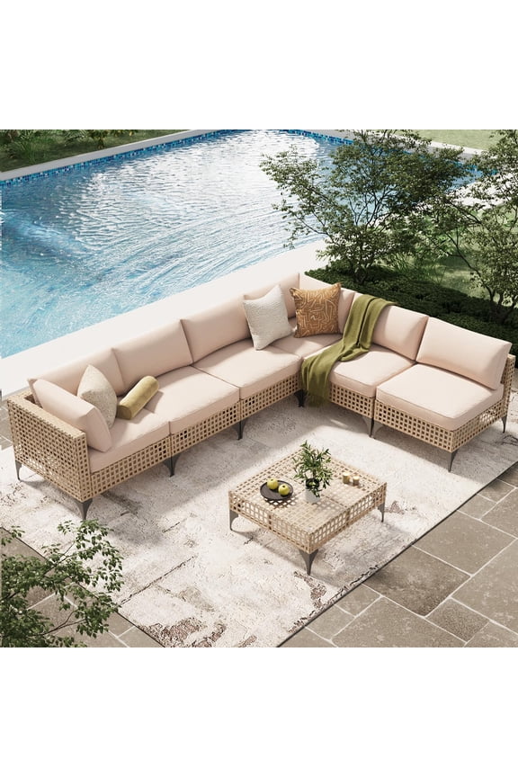 7-Piece Patio Furniture Set with Coffee Table, Rattan Wicker Outdoor Sectional Sofa Couch Conversation Set in Light Brown Rattan&Beige Cushions